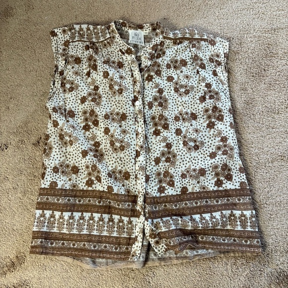 Blue Boheme OS Carla Printed Blouse Short Sleeves Camel Color 100% Cotton Boho - Picture 2 of 7